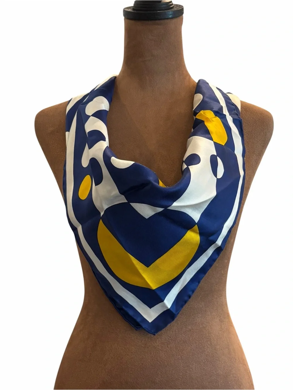 Silk Scarf Hand Rolled Edges 26” Blue Yellow White Geometric Dots STAINS Italy